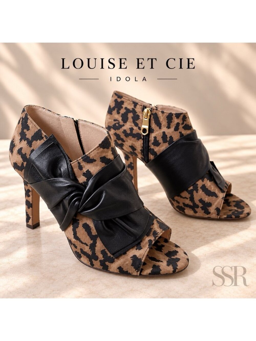 Louise et Cie Idola Leopard Print Leather Bow Peep Toe Booties 8M NWOB